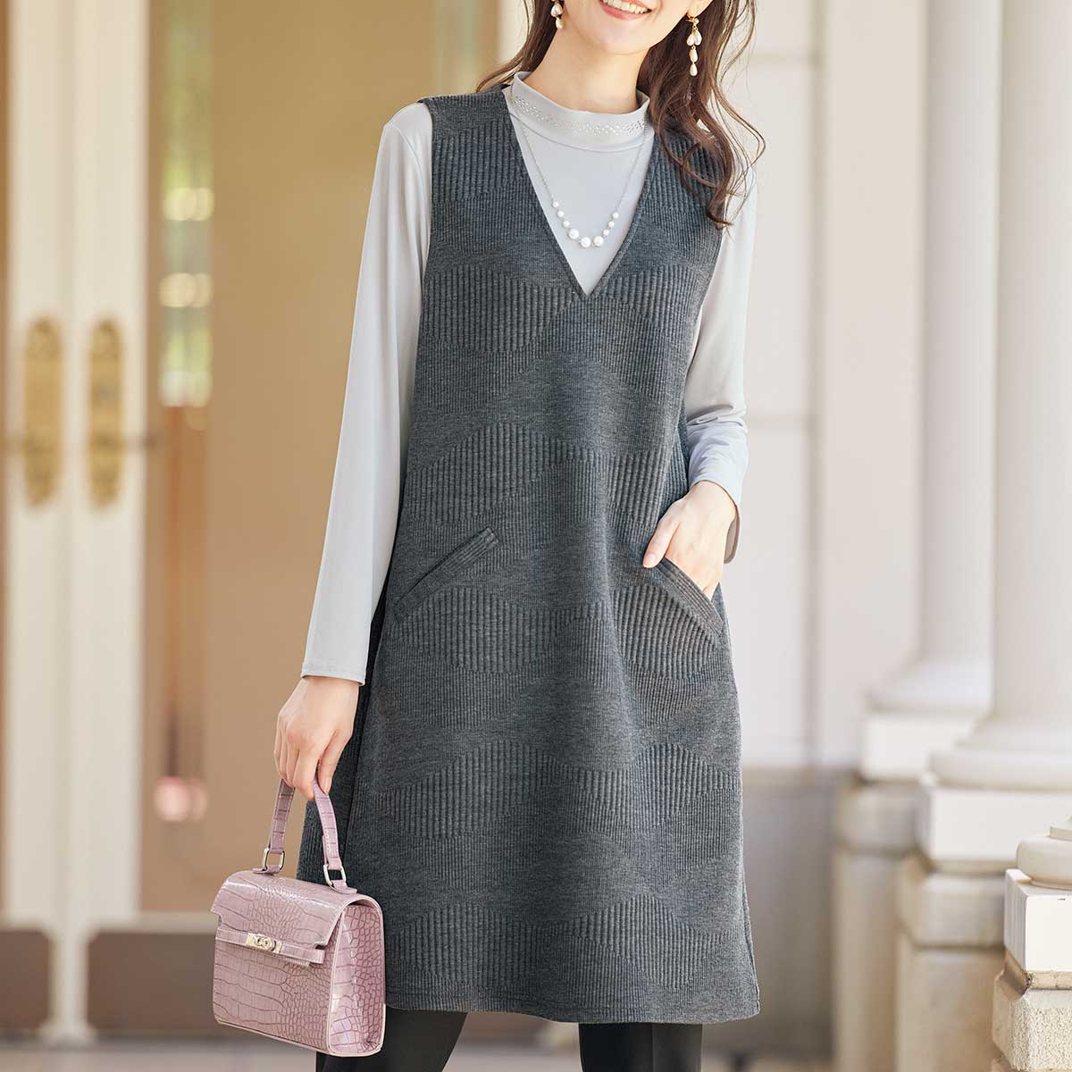 公式】 杢調ジャカードカットソージャンパードレス (ファッション